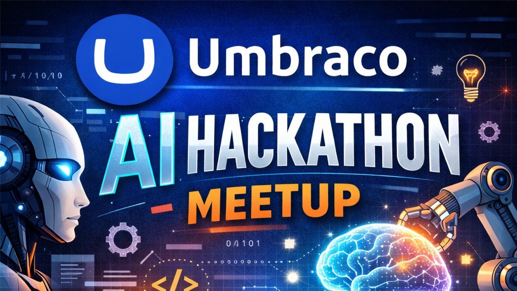 Umbraco AI Hackathon meetup event banner with robot and brain imagery