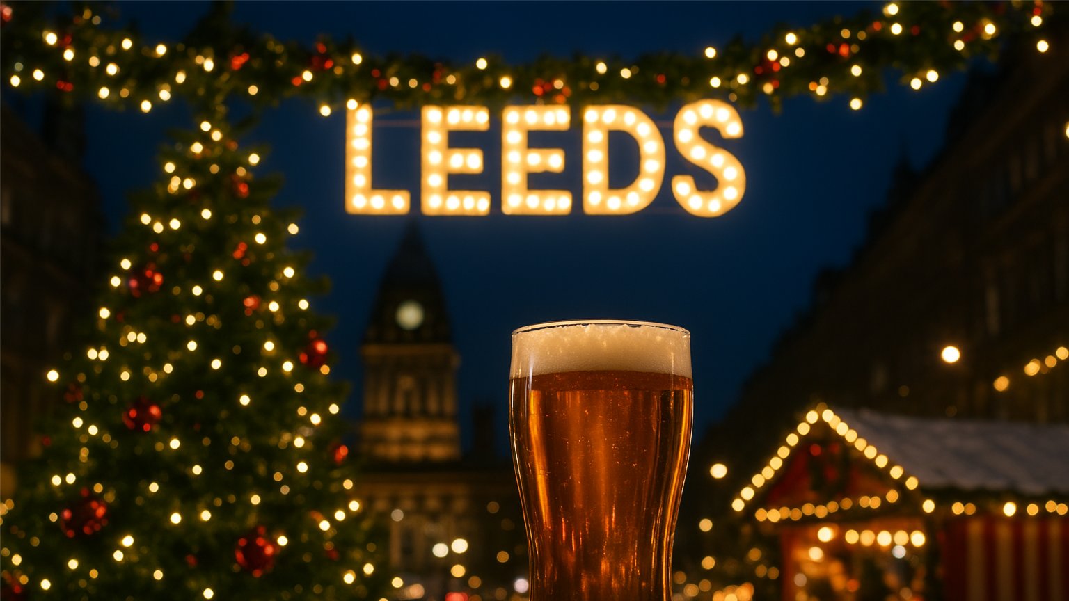 Leeds Christmas Markets with festive lights and the iconic LEEDS sign