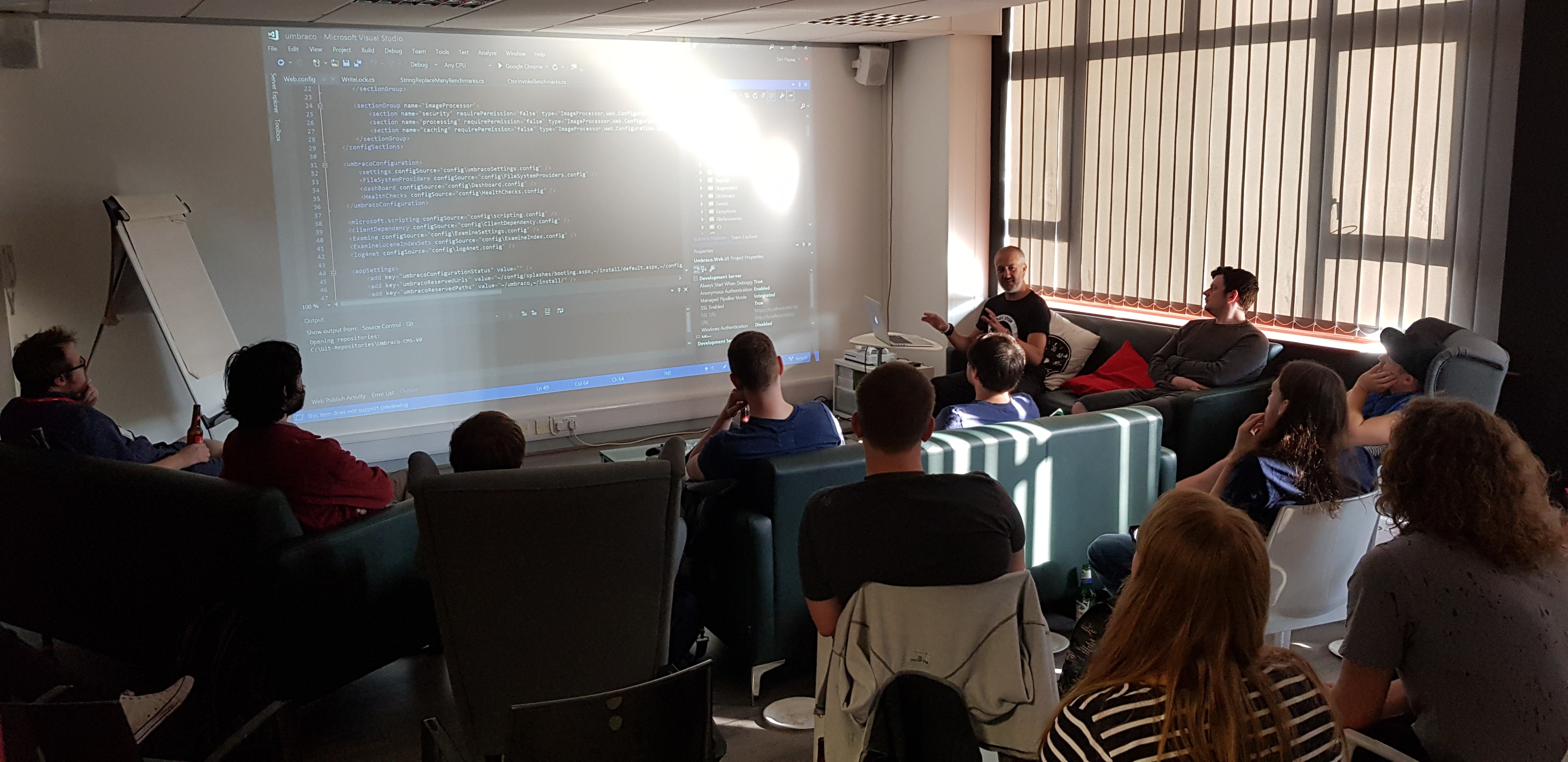 Umbraco Leeds meetup in full swing - a room full of friendly faces watching a live coding demo