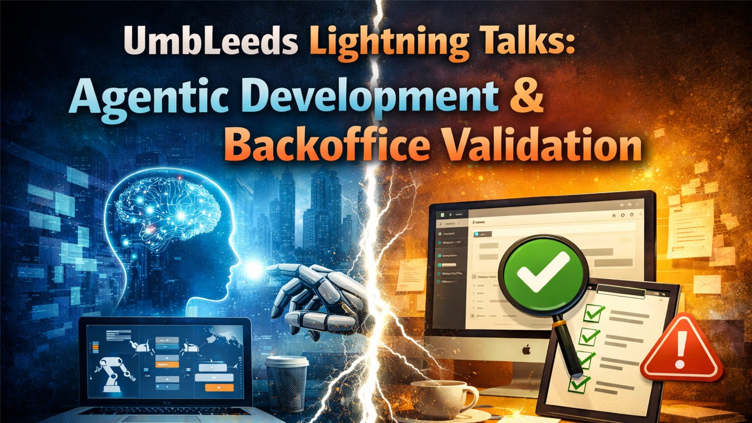 UmbLeeds Lightning Talks event graphic featuring agentic development and backoffice validation