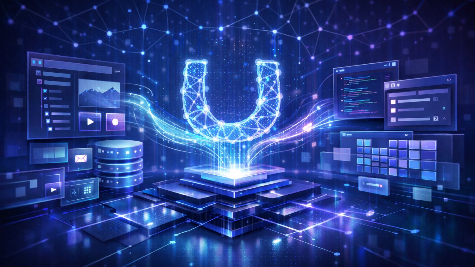 Umbraco MCP Server talk event graphic with glowing U logo and connected screens